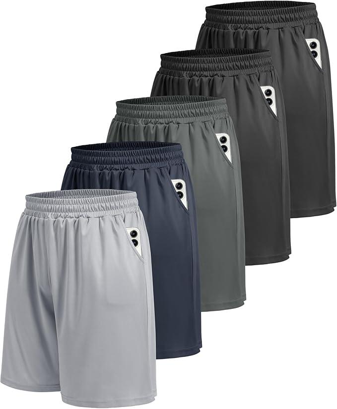 5 Pack Mens Athletic Shorts - Gym Basketball Running Workout Quick Dry Black Shorts with Pockets for Casual Performance Size XL