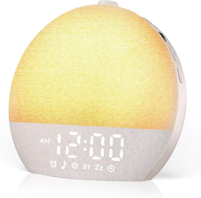 Geuuap Sunrise Alarm Clock White Noise Sound Machine for Bedroom | Natural WakeUp Light with 30 Soothing Sleep Aids, Bluetooth Speaker, Dimmable Clock, ScreenFree Design for Baby Adults KidsKhaki