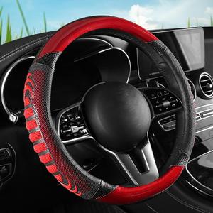 5D Honeycomb Black Red Car Steering Wheel Cover,14.5-15 Inch Universal Carbon Fibre Leather Covers Breathable Anti-Slip Odorless Steering Wheels Accessories for Men Women