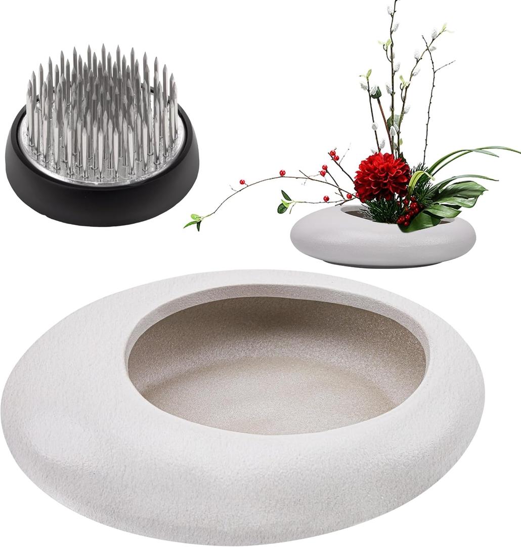 Folmywy Japanese Ikebana Flower Frog Vase Kit Flower Arrangement with 1.57 Inch Kenzan Ceramic White Pebble Shaped Bowl for Ikebana Teaching Aids Art Supplies Home Decor (5.51x4.13in)