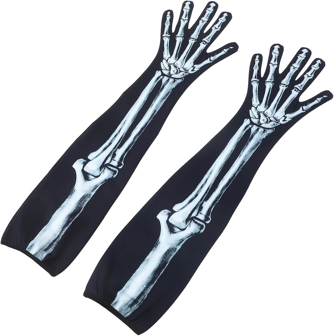 SAFIGLE 1 Pair Halloween Skeleton Gloves Full Finger Bone Gloves Long Sleeve for Halloween Cosplay Party Decor (Size 3)