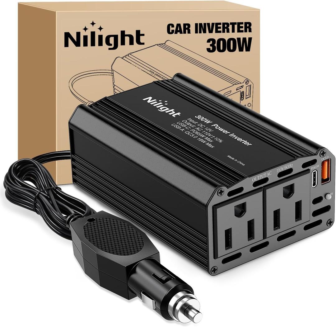 Nilight 300W Power Inverter 12V DC to 110V AC Car Converter with PD 65W USB C & QC3.0 for Phones Tablets Laptop Computer Game Console Kindle iPad DVD Players Black