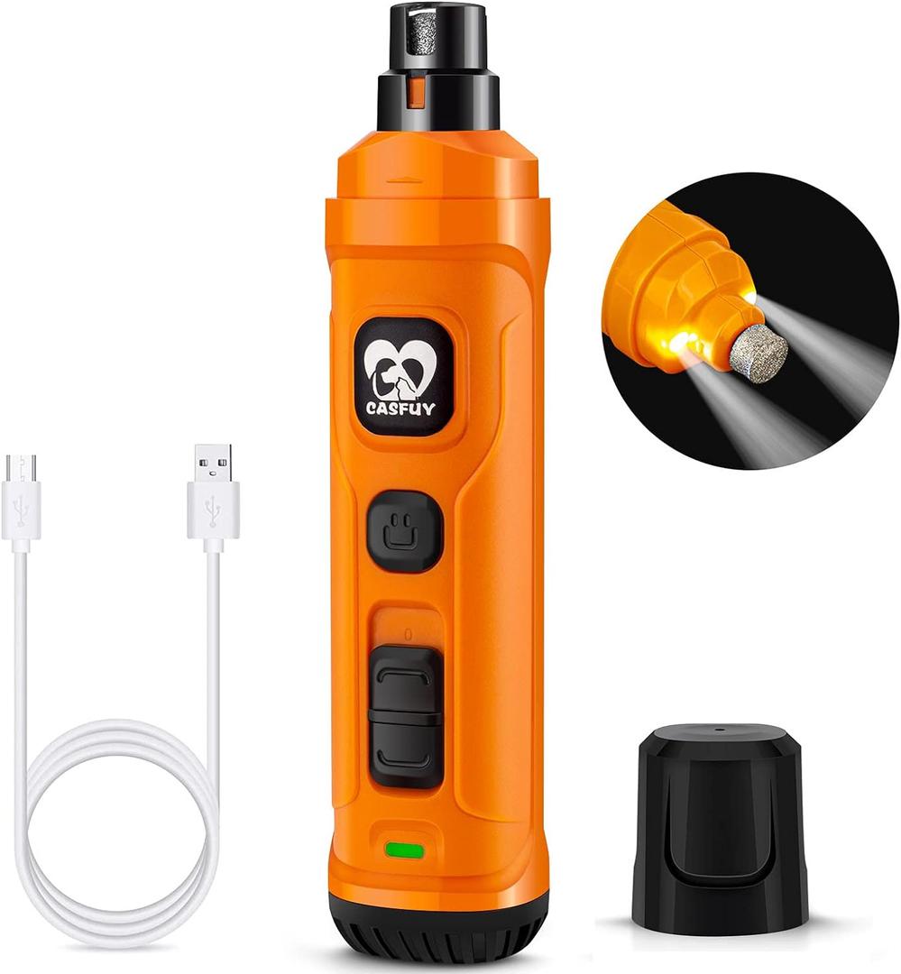Casfuy Dog Nail Grinder with 2 LED Light - New Version 2-Speed Powerful Electric Pet Nail Trimmer Professional Quiet Painless Paws Grooming & Smoothing for Small Medium Large Dogs and Cats (Orange) (A-Orange)