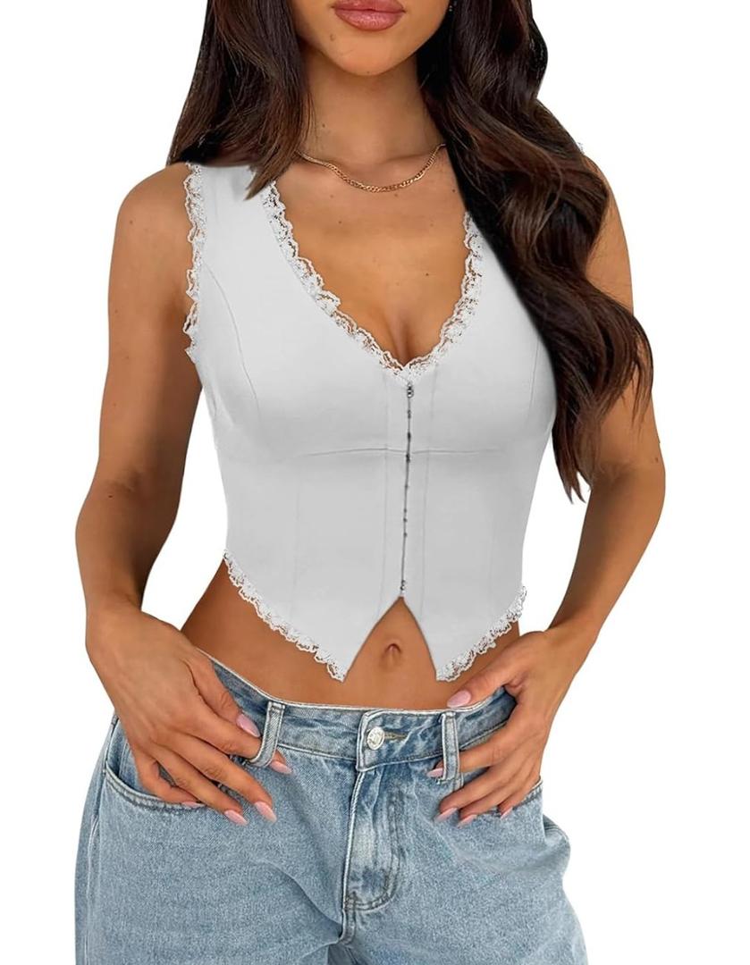 Sexy Lace Top for Women Summer V Neck Sleeveless Y2K Going Out Corset Tank Tops M