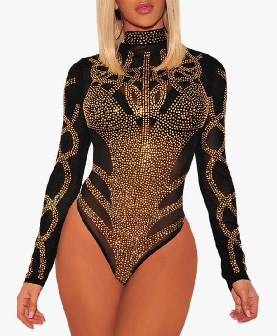 Lrady Women's Sheer Mesh Turtleneck Neck See Through Leotard Bodysuit Body Tops, Size XXL