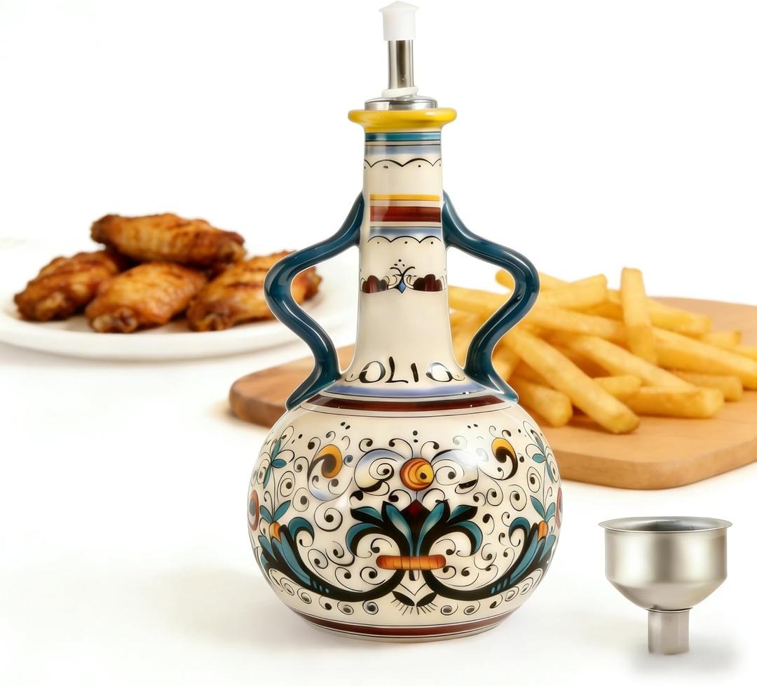 Ceramic Olive Oil Dispenser Bottle 23oz,Hand Painted Olive Oil Bottles,Italian Style Oil Dispenser Bottle,Decorative Stoneware Olive Oil Dispenser with Spout for Oils, Vinegar, Coffee (Binaural)