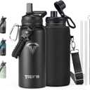 32oz Insulated Water Bottle,Stainless Steel Vacuum Water Bottle, BPA-Free & Leakproof -with Paracord Handle,Strap,Straw Spout Lids,Large Water Jug for Gym Sports (Black)