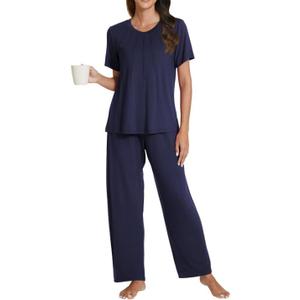 POKWAI Women 2 Piece Pajamas Sets Short Sleeve Tops and Pants Pajama Set Comfy Pjs Sleepwear Loungewear (X-Large, Dark Blue)