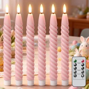 Pink Flameless Taper Candles Real Wax Flickering Pastel with Remote Timer, 3D Wick LED Spiral Candles Battery Operated 6 Pack 9.8 inch, Wedding Birthday Home Party Holiday Dinner Decor
