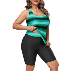 Plus Size Tankini with Shorts - Women Two Piece Bathing Suit Top Tummy Control Swimwear Bottom with Pockets (Green Stripe) 20W