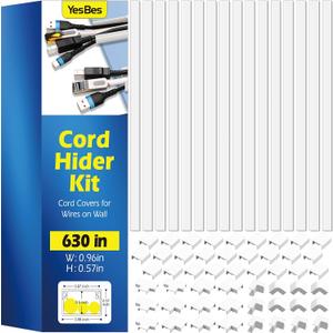 630in Cord Hider Kit, Paintable Cable Raceway, Cord Covers for Wires on Wall, Cord Hider for Wall Mount tv, tv Cable Hider Wall kit, Wire Covers for Cords, 40X L15.7in X W0.96in X H0.57in, White