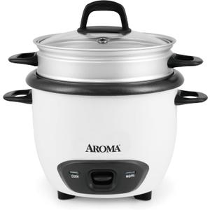 AROMA Rice Cooker, 3-Cup (Uncooked) / 6-Cup (Cooked), Steamer, Small Rice Cooker, Oatmeal Cooker, Soup Maker, Auto Keep Warm, 1.5 Qt, White, ARC-743-1NG