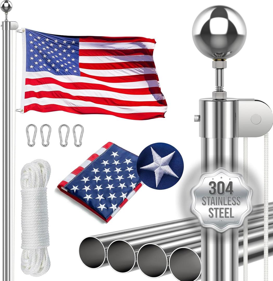 20FT Heavy Duty Flag Pole for Outside House, Full Body 304 Stainless Steel In Ground Flagpole with 3x5 American Flag, 130MPH Wind Resistant for Residential or Commercial Use