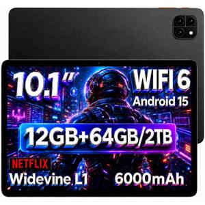 Android 15 Tablet 10.1 Inch, Computer Tablet, Octa-Core, 12GB RAM 64GB ROM
1280x800 Resolution, WiFi 6 and Bluetooth, Dual Speakers, 5MP+8MP Cameras, 6000mAh Battery, Up to 2TB Expansion