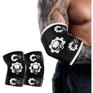 MANUEKLEAR 5mm Neoprene Weight Lifting Elbow Sleeves for Men (1 Pair), Elbow Sleeves Weightlifting Men with 2 Adjustable Compression Straps for Bench and Powerlifting & Weightlifting (XL (11-11.8in), Shiny Black)