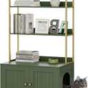 Homhedy Cat Litter Box Enclosure, Litter Box Furniture Hidden with 2-Tier Storage Shelves, Wooden Cat Washroom Furniture with Metal Frame, Modern Style, Green and Gold