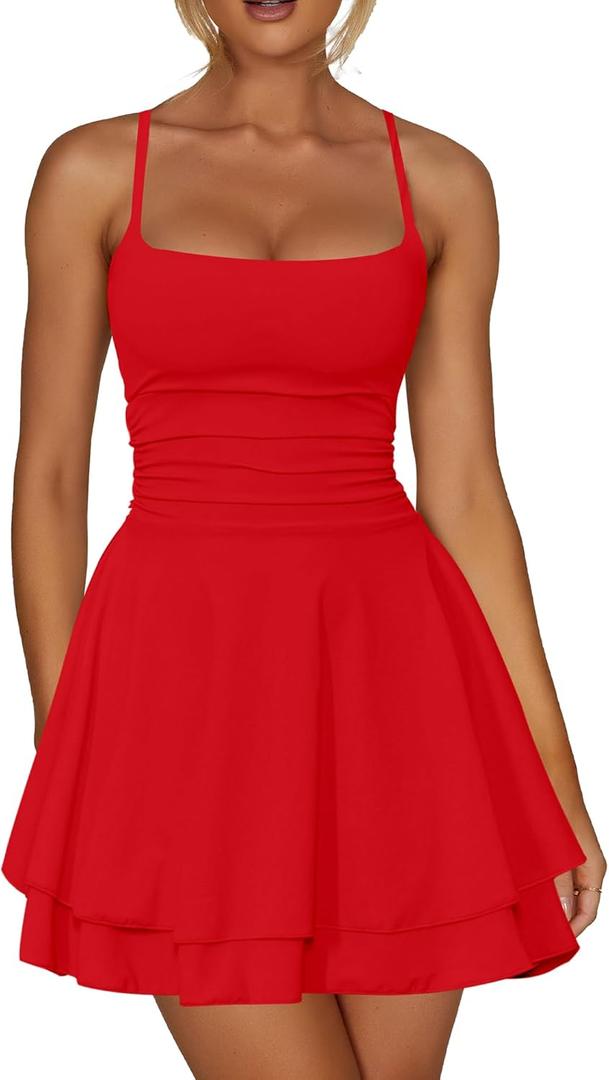 Kaximil Women's Sexy Ruffle Mini Dress Spaghetti Strap Ruched Corset Party Club Short Dresses (Medium, Red)