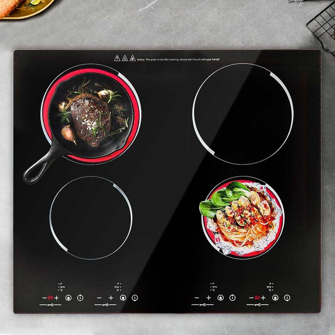 3000W 110V Cooktop Portable 4 Burners Electric Built-in Cooktop Sensor Touch Control Countertop Electric Hot Plate with Kid Safety Lock and 2H Timer, 9 Heating Level, no plug, 60*54cm/23.62*21.26in