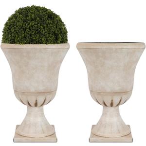 Worth Garden Plastic Urn Planters for Outdoor Plants, Tree 22'' Tall 2 Pack Round Classic Resin Flower Pots Indoor Beige Traditional Front Porch 15 in Dia. Large Imitation Stone Decorative Patio Deck