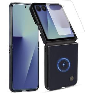 ASAPDOS Genuine Leather Folio Magnetic Case for Samsung Galaxy Z Flip 7 [Compatible with MagSafe],Built-in Screen Protector and Thin Slim Protective Case Cover Blue