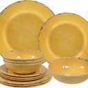 12-Piece Rustic Melamine Dinnerware Set With Dinner Plate, Salad Plate And Large Capacity All Purpose Bowls,Service for 4, Indoor And Outdoor Use, Yellow
