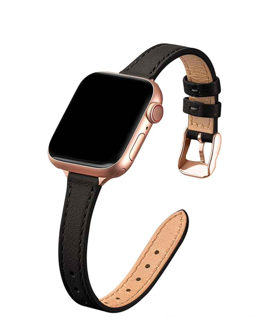 STIROLL Slim Leather Bands Compatible with Apple Watch Band 38mm 40mm 41mm 42mm 44mm 45mm 46mm 49mm, Top Grain Leather Watch Thin Wristband for iWatch Ultra SE Series 10/9/8/7/6/5/4/3/2/1
