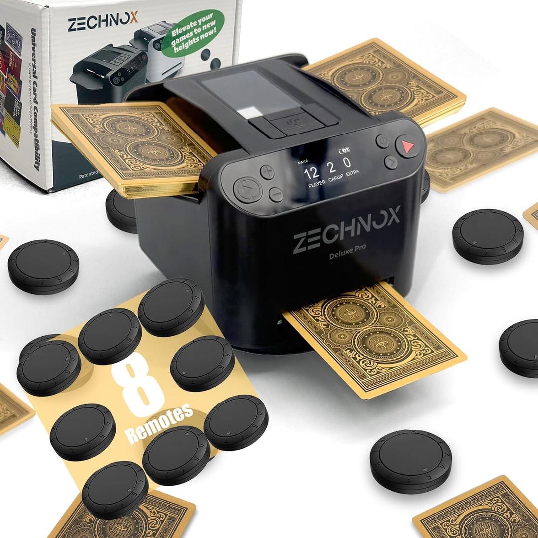 2025 New Smart 2-in-1 Automatic Card Shuffler and Dealer,Programmable Card Dealer,Card Shuffler 2 Deck,360 Rotation,Ultra Quiet,Rechargeable,Support 12 Players (Black Pro+8 remotes)