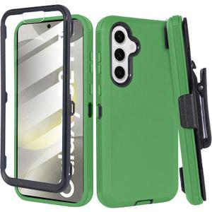 Compatible for Samsung Galaxy S25 Case with Rotating Belt Clip Holster & Built-in Screen Protector, Heavy Duty Shockproof Rugged Armor Protective Cover with Kickstand (Green)