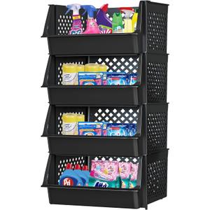 Large Stackable Storage Bins Open Front for Pantry Storage, 3 Pack - Black