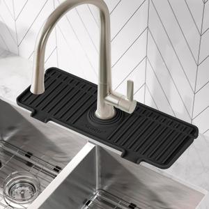 Kitchen Sink Splash Guard, 10 Large Slope & Adaptable Hole Faucet Mat for Kitchen Sink, Silicone Sink Organizer Sponge Holder for Kitchen, Bathroom, RV, Bar, 14.2 x 5.1, Black
