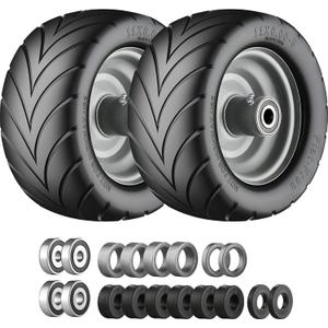 11x6.00-5 Flat Free Tire with Chevron Tread, Zero Turn Lawn Mower Tires with 3/4" or 5/8" and 1/2" Bearings, 5.2"-8.3" Centered Hub,11x6.00-5 Tires for Zero Turn Mower Gray Rim - 2Pack