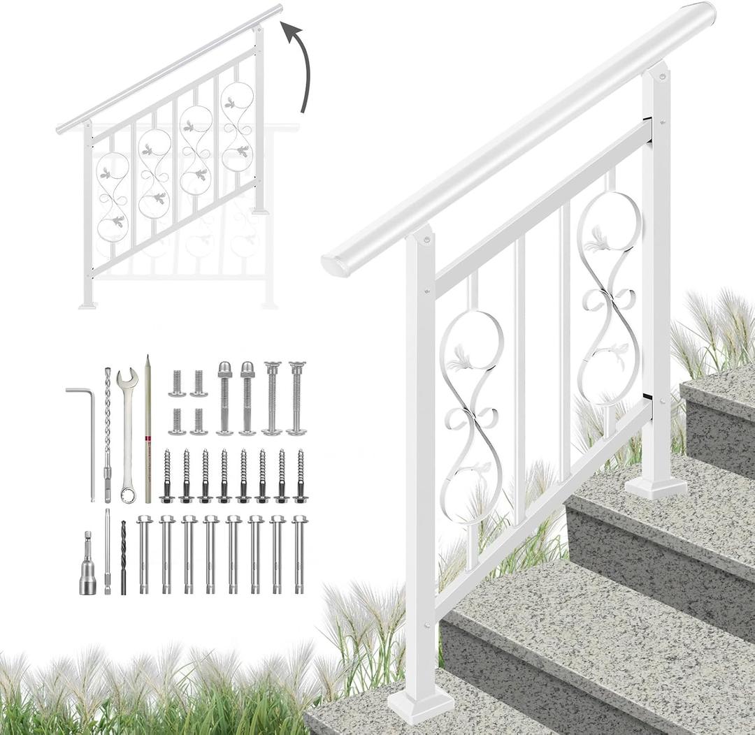 3 Step Handrails for Outdoor Steps, Adjustable,White Wrought Iron
