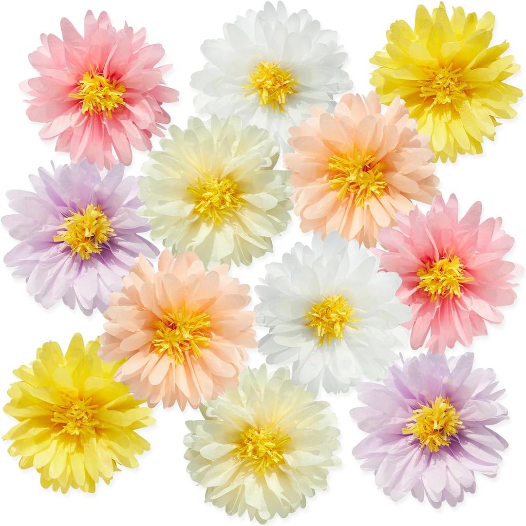 12 Pcs Daisy Tissue Paper Pom Poms Party Decorations Colorful Tissue Flowers Spring Party Decoration Paper Flowers Decorations for Wall Backdrop Garden Wedding Decor