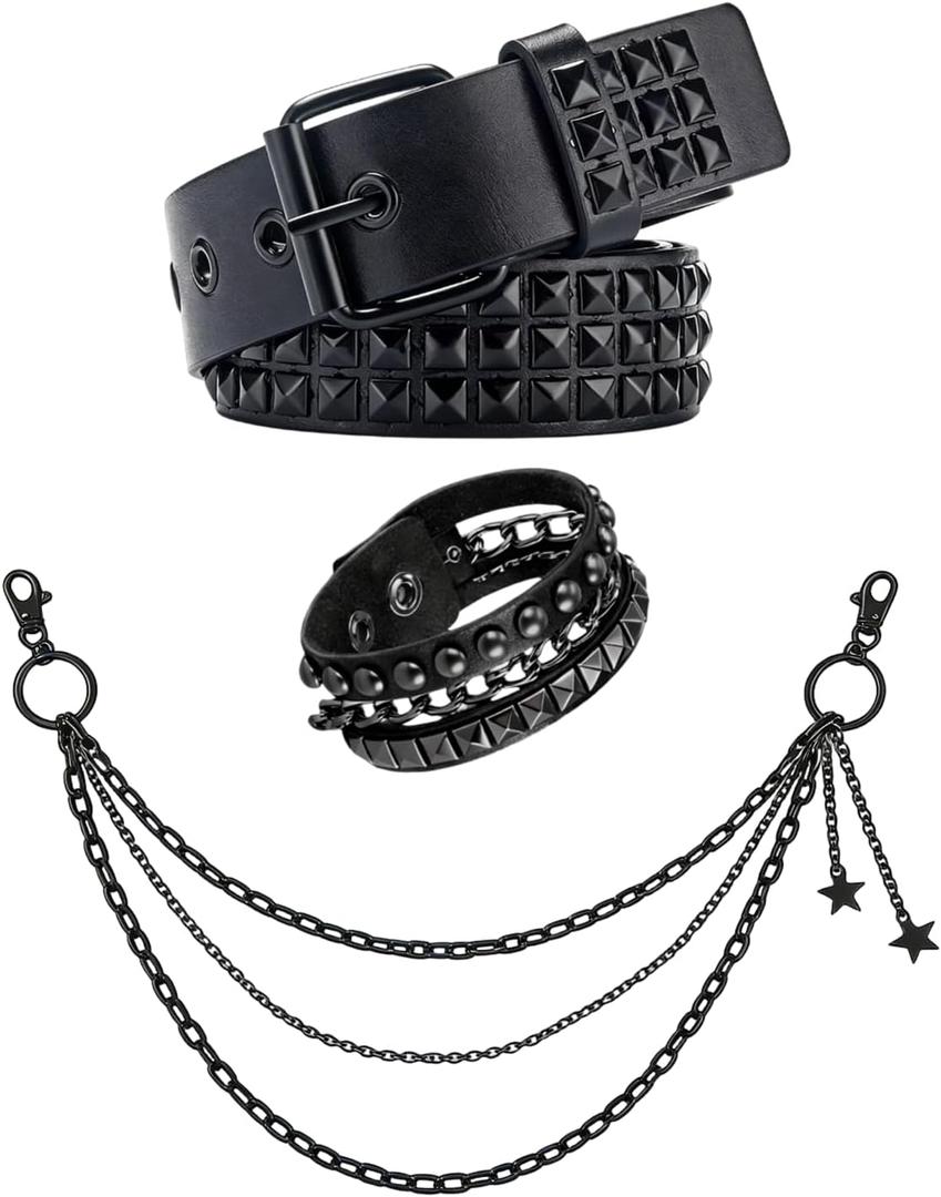 Double Grommet Star Studded Belt, Y2k EMO Punk Belt for Women,Black Grunge Goth Belts with Star Pants Chains (Black)