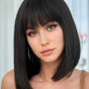 YYHR Short Bob Wig With Bangs 12" Light Yaki Straight Synthetic Hair Wigs Cut Short Black Bob Wigs With Bangs Daily Costume Wig (12 Inch,1B)