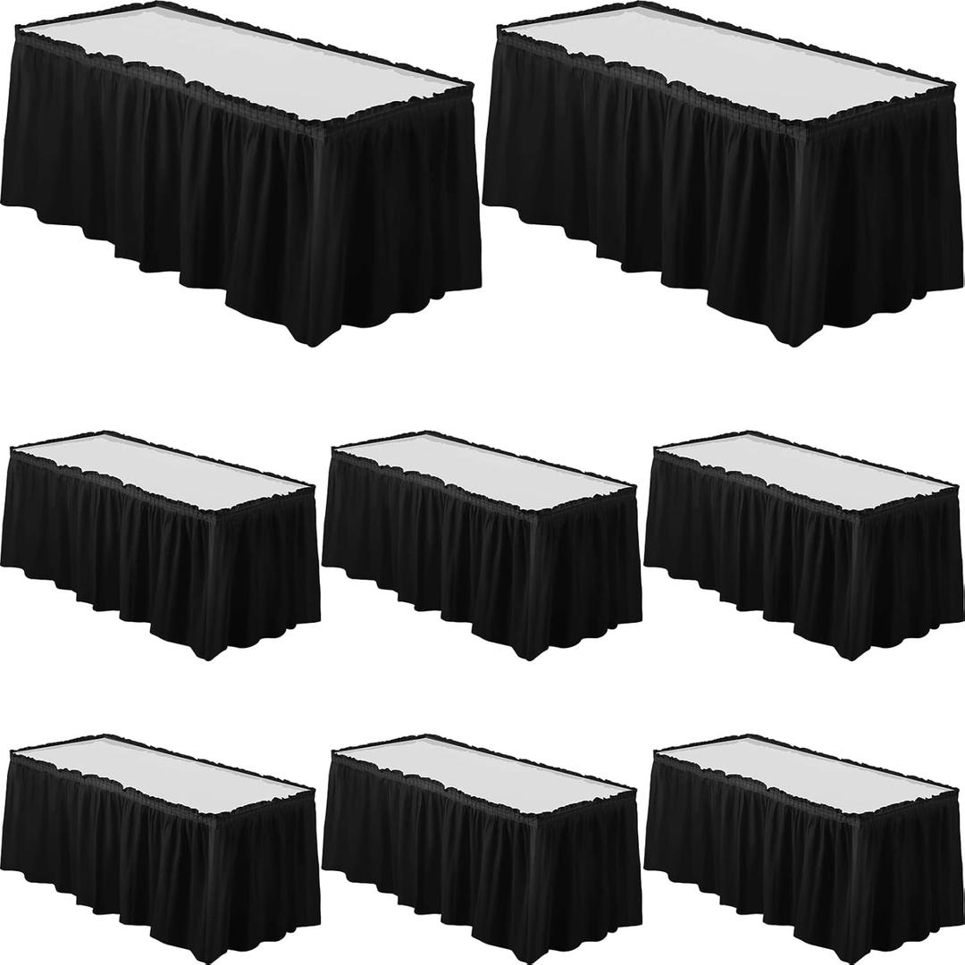 Tegeme 8 Pieces 29 in x 14 ft Plastic Table Skirts for Rectangle Tables Disposable Ruffle Table Skirts with Adhesive Strip for Party Wedding Reception Birthday baby shower (Black)