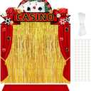 VitalCozy 7pcs Casino Party Decorations Casino Night Party Porch Banners Red Rug Gold Foil Fringe Backdrop Curtains for Las Vegas Poker Dice Birthday Halloween Photo Background Door Entryway Decor