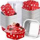 100 Pcs Valentine's Day Square Baking Pans with Lids 10oz Aluminum Foil Cupcake Brownie Disposable Baking Cups Individual Tin Dessert Containers(Heart,Red)