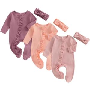 Merqwadd Baby Girl Zipper Pajama Footies 3 Pack Ruffle Sleeper Coming Home Infant Cotton Clothes (Newborn, Waffle Knit-lavender/Pink/Orange)