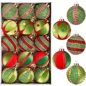 SY Super Bang Red Green Christmas Ball Ornaments, 15PCS Shatterproof Velvet Ornaments Set for Christmas Tree Hanging Decorations, for Holiday Party Xmas Decor - 80MM/3.14".