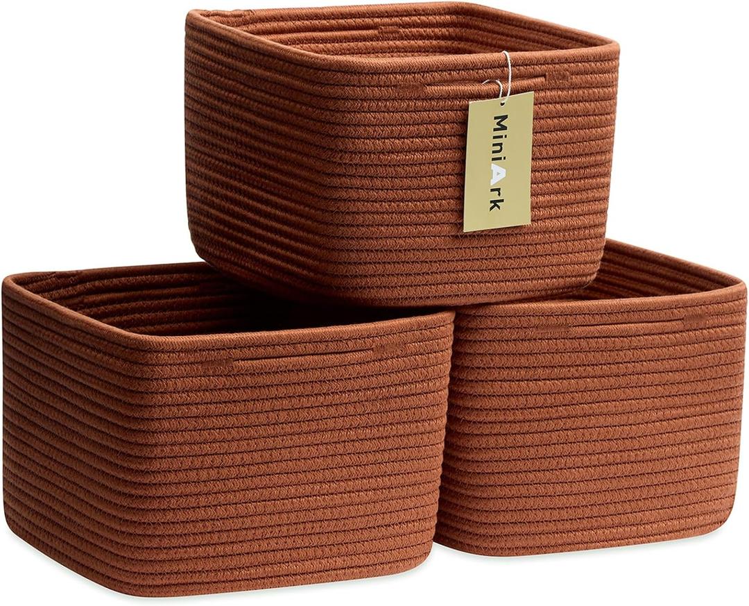 MiniArk Small Organizing Baskets for Cubes Shelf, 9.7x9.7x7.1 Inch Rope Woven Storage Bins for Nursery Shelves Storage, Cute Toy Basket, Square 3 Packs Oxide Red