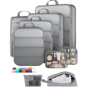 Veken 9/11 Set Compression Packing Cubes for Travel Essentials,Compressible Expandable Large Luggage Suitcase Organizer Bags for Clothing,Durable Space Saver Storage Bags with Toiletry Bags(Gray)