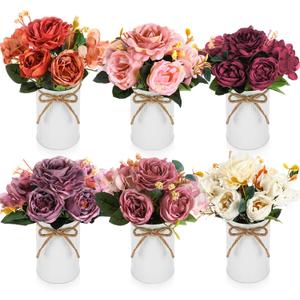 6 Sets Artificial Fall Thanksgiving Centerpiece for Tables Faux Peonies Flowers with Galvanized Pots Vintage Purple Orange Autumn Floral Bouquets for Wedding Dining Table Home Party Decor