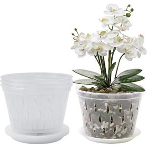 Orchid Pot, 8 Inch 4 Pack Orchid Pots with Holes and Saucers, Clear Plastic Orchid Pots