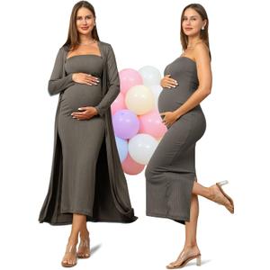 Rnxrbb 2 PCS Tube Baby Shower Maternity Dress Cardigan Set Summer Bodycon Maternity Dresses Long Gender Reveal (S)