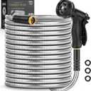 Itsonestep Garden Hose 100 FT, Metal Stainless Steel Water Hose with 10 Function Nozzles, No Kinks, Flexible Hose, Lightweight, Puncture Proof, Heavy Duty Hose for Yard and Outdoor, Silver