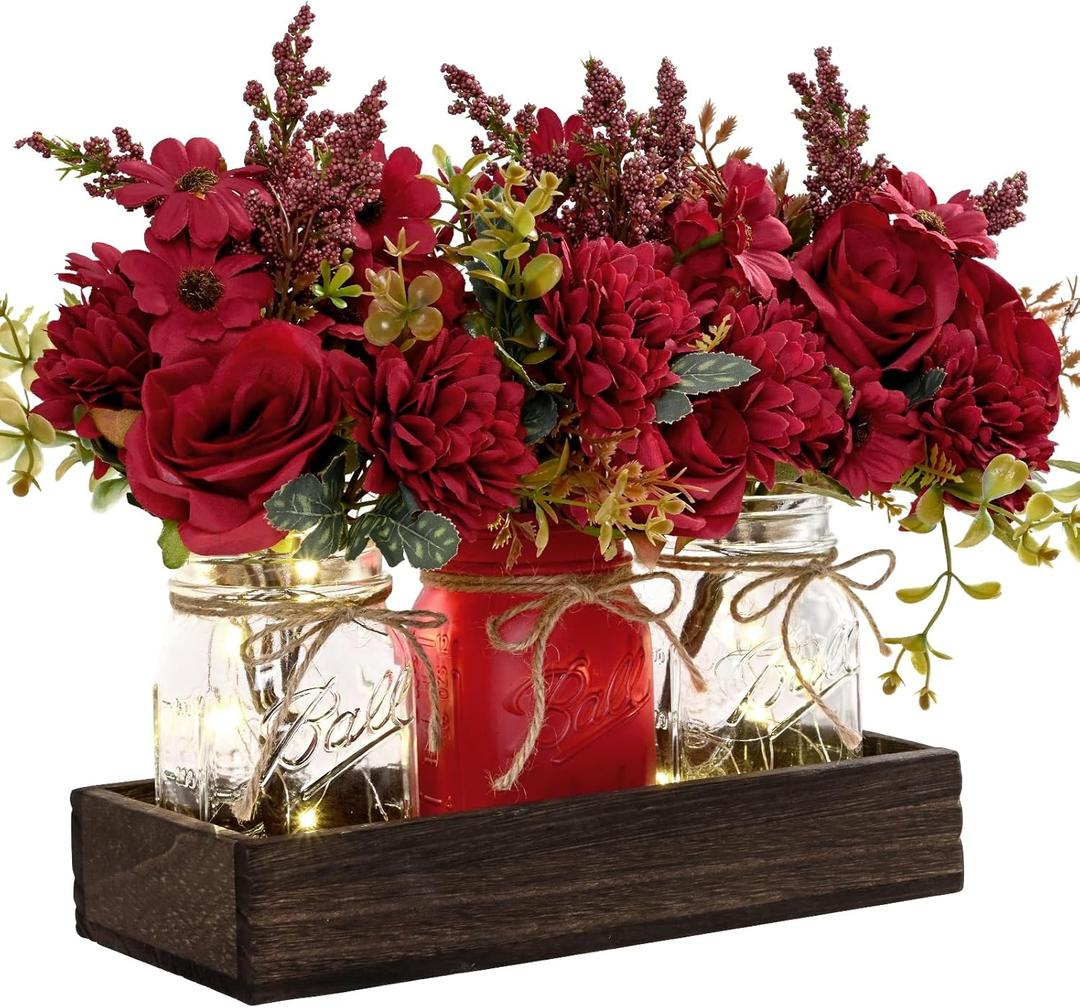 BLEUM CADE Centerpiece Table Decorations - Mason Jar Lights Centerpiece for Kitchen Dining Table Farmhouse Coffee Table Wedding Home Decor with 3 Jars Artificial Flowers & Wood Tray (Burgundy-dahlia)