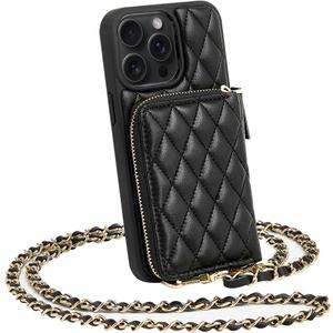 LAMEEKU for iPhone 15 Pro Case Wallet, Crossbody Wallet Purse with Card Holder, Quilted Leather Zipper Wrist Strap RFID Blocking Cover for Women for iPhone 15 Pro 6.1" Black