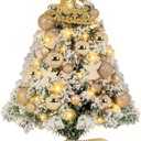 LOENIY 24In Tabletop Christmas Tree Snow Flocked, Mini Christmas Tree Includes DIY Ornaments 35 LED Lights Star Treetopper, Small Xmas Artificial Tree for Holiday Indoor Christmas Decoration (Gold)