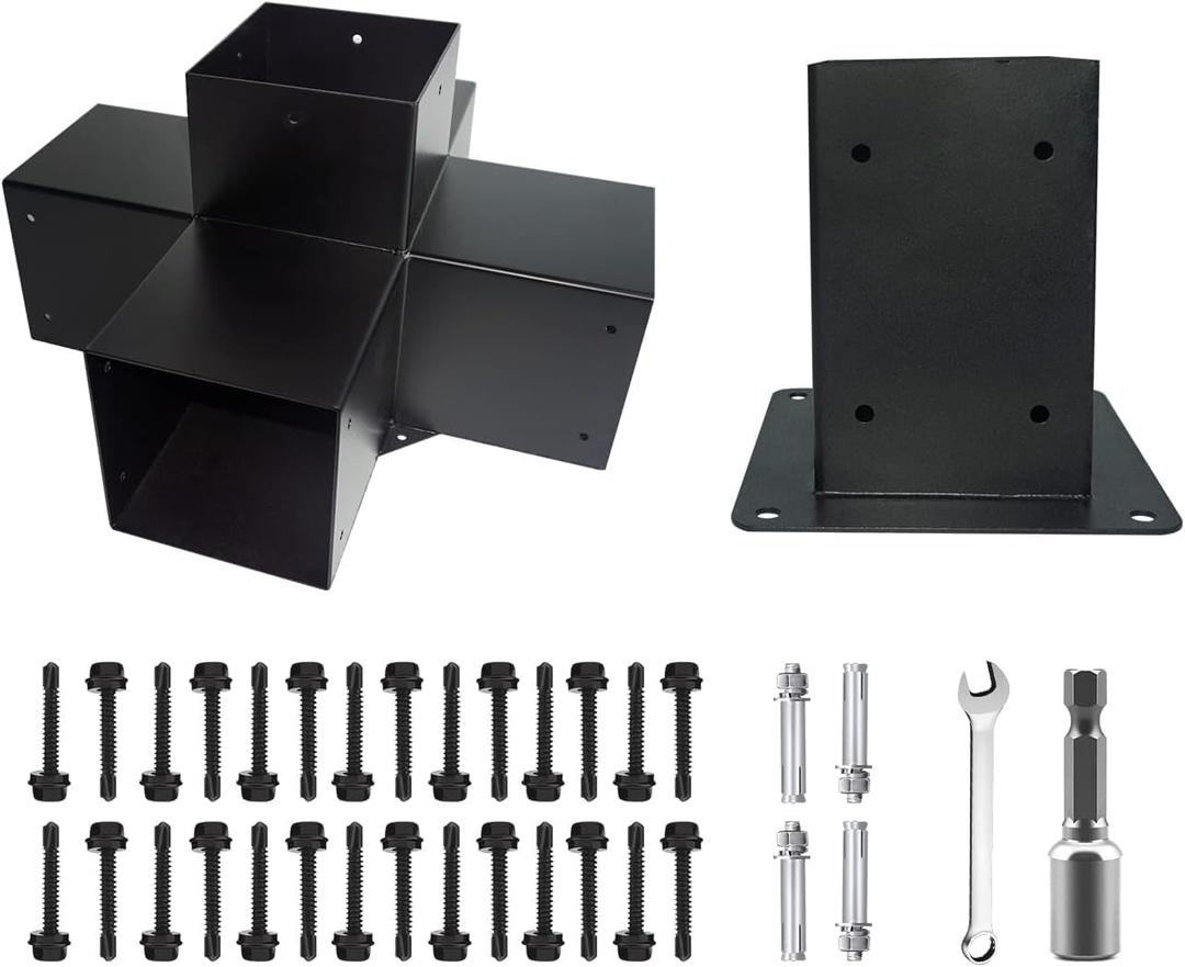 Pergola DIY Kit.4"x4"(Inner Size:3.5"x3.5") 5-Way Woodwork Bracket & Post Achor,Black Powder-Coated Elevated Wood Stand Kit for Wood Beams,Pergola,Gazebo